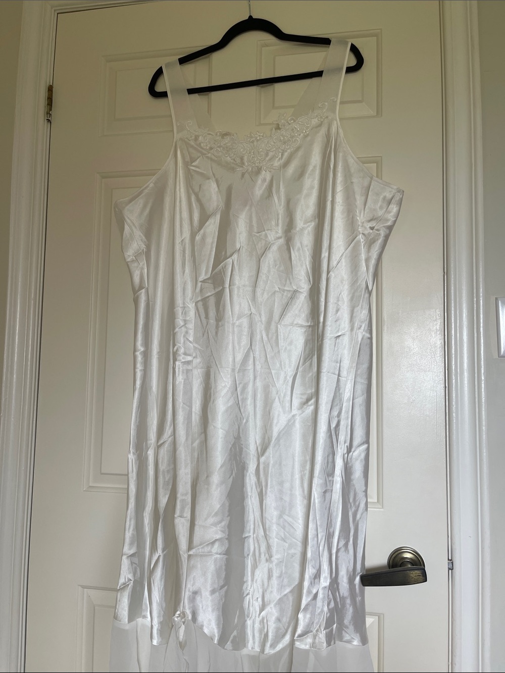 White Satin Slip Dress with Lace Trim - Women